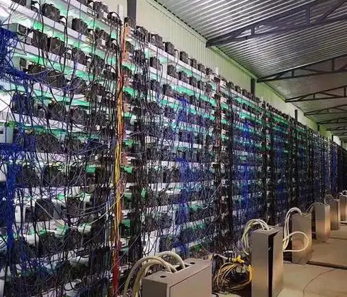 A mining farm with rows of mining rigs, showcasing the scale and efficiency of professional hosting facilities.